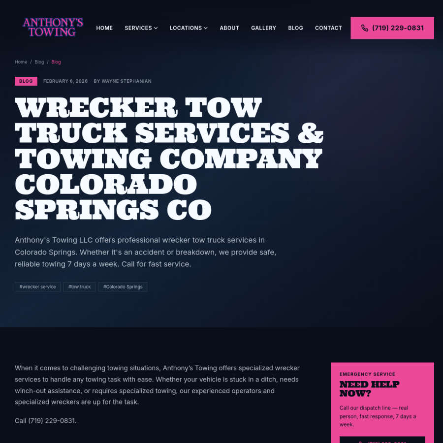 Screenshot of the Anthony's Towing LLC website