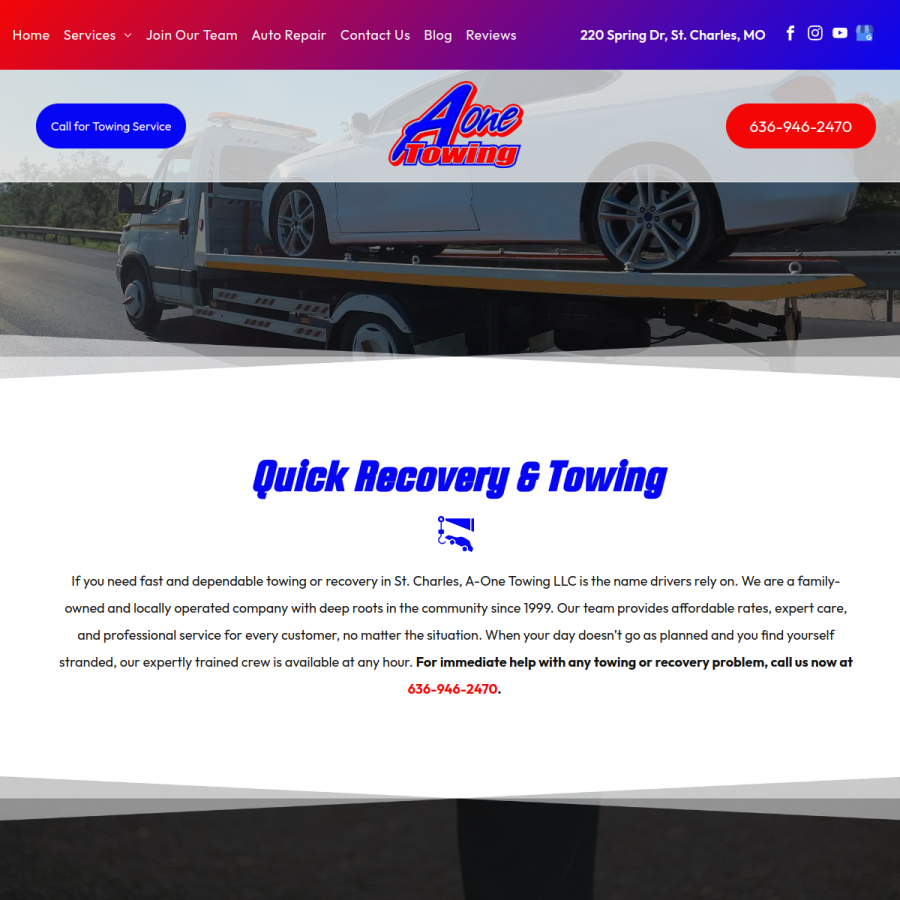 Screenshot of the A-One Towing website
