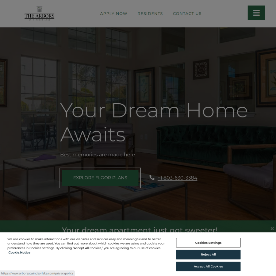 Screenshot of the Arbors at Windsor Lake website