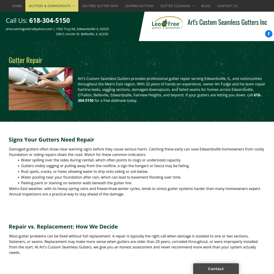 Screenshot of the Art's Custom Seamless Gutters  Inc website