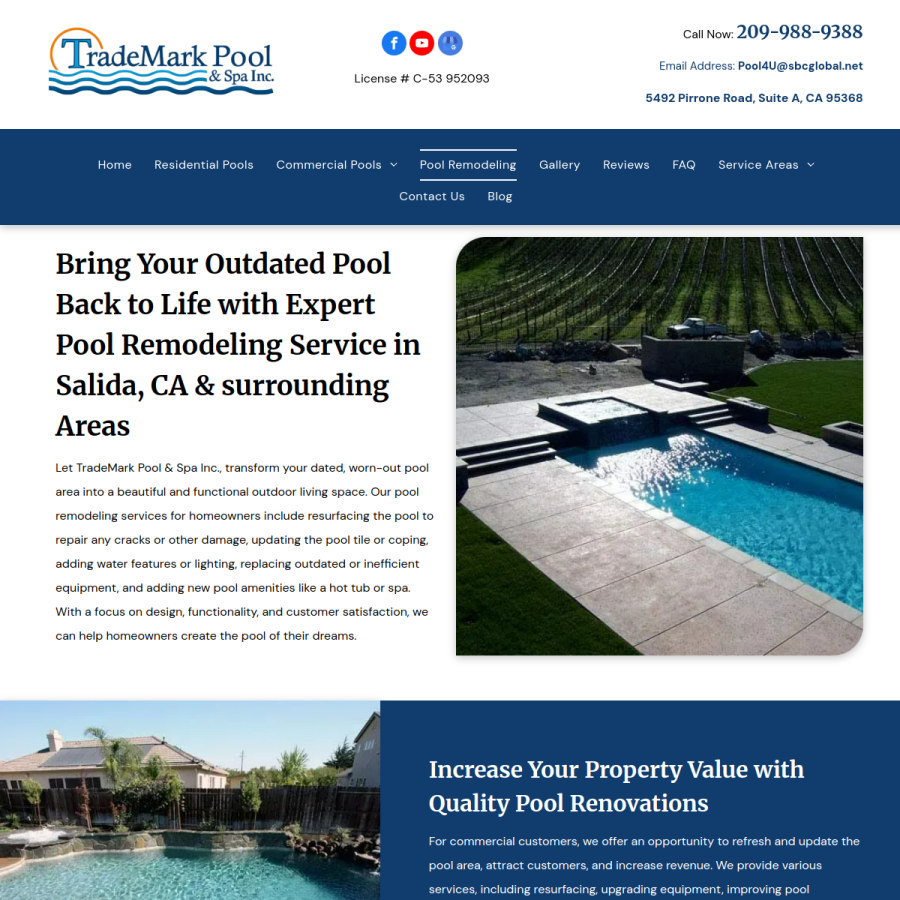 Screenshot of the Trademark Pool and Spa website