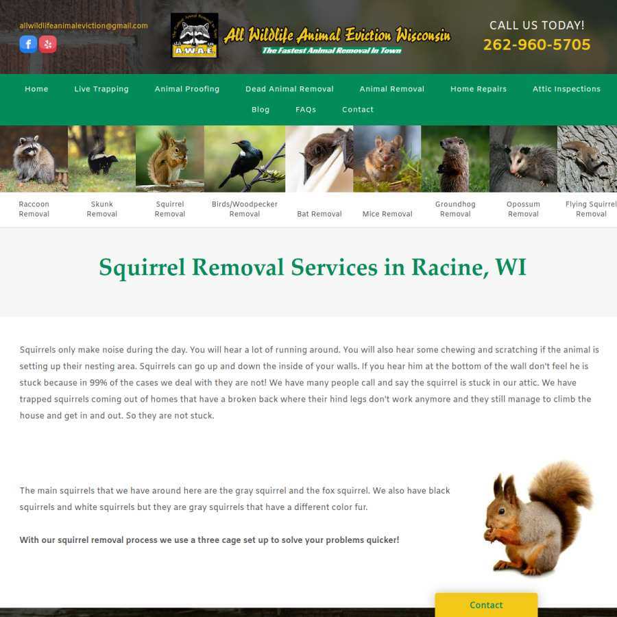 Screenshot of the All Wildlife Animal Eviction - Wisconsin website