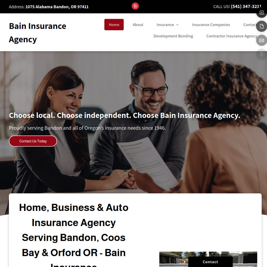 Screenshot of the Bain Insurance website