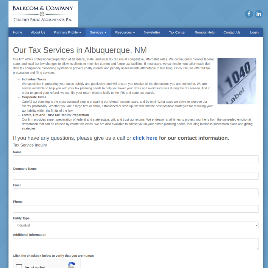 Screenshot of the Balkcom Pearsall & Parrish CPA's PA website