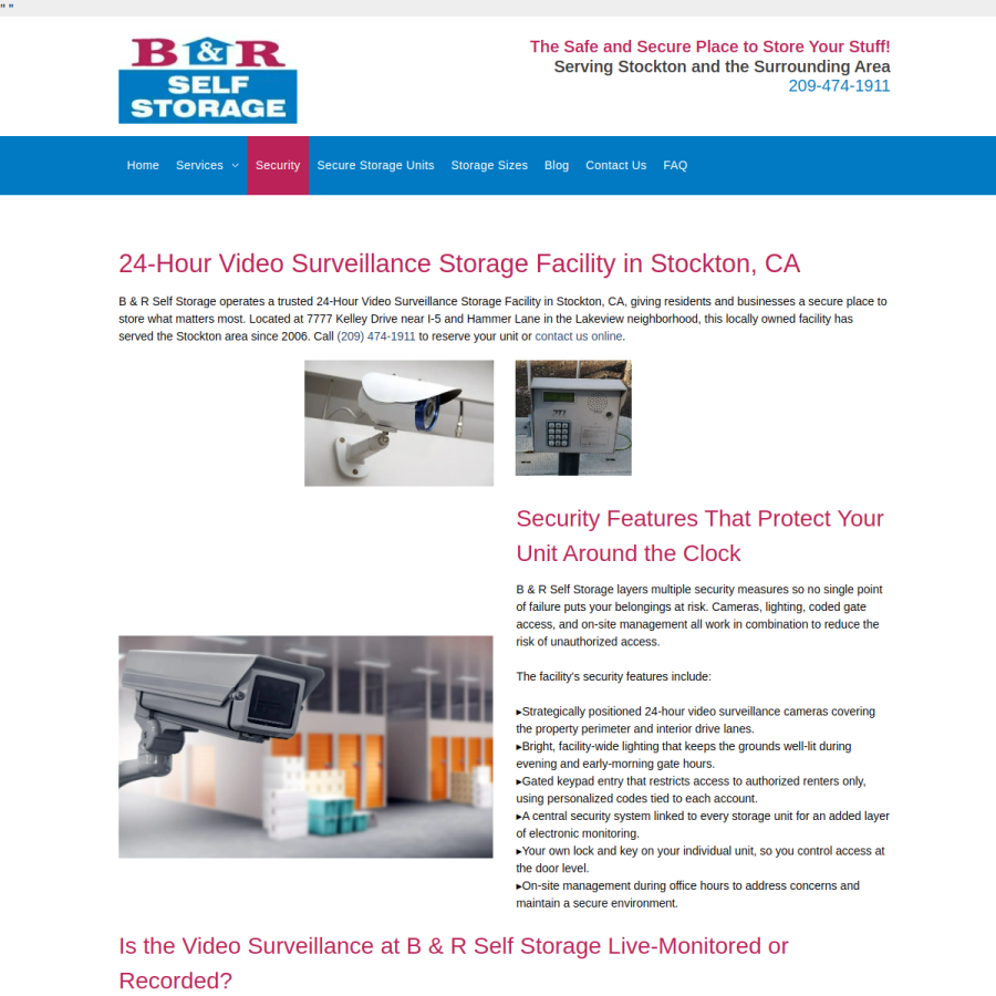 Screenshot of the B & R Self Storage website