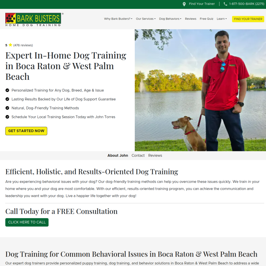 Screenshot of the Bark Busters Home Dog Training Boca Raton website