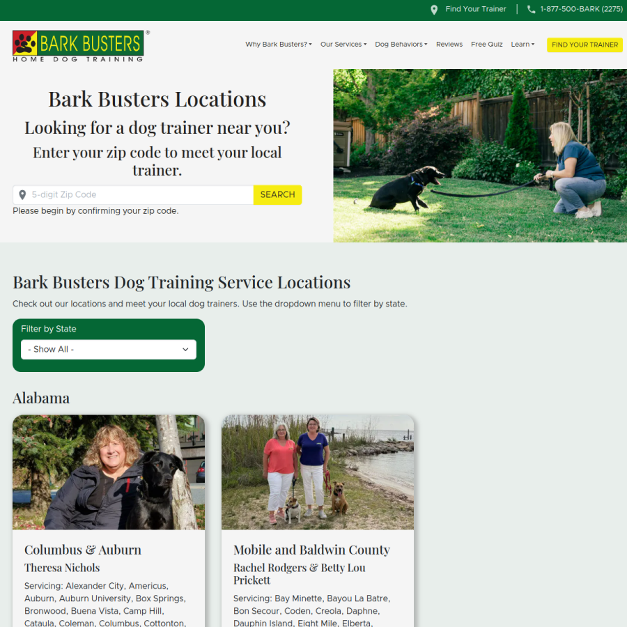 Screenshot of the Bark Busters Home Dog Training Brevard County website