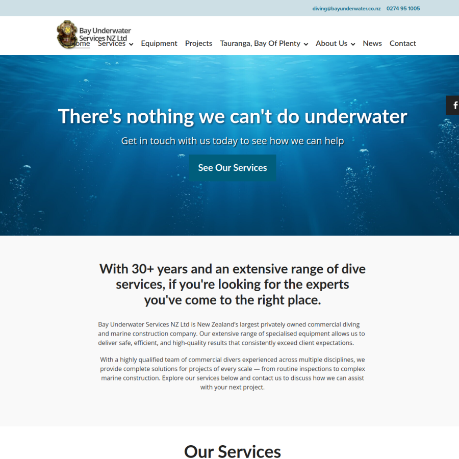 Screenshot of the Bay Underwater Services NZ Limited website