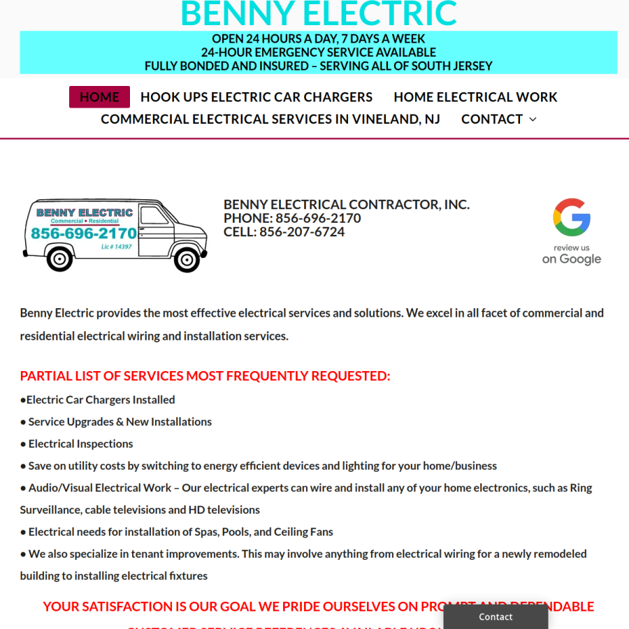 Screenshot of the Benny Electric website