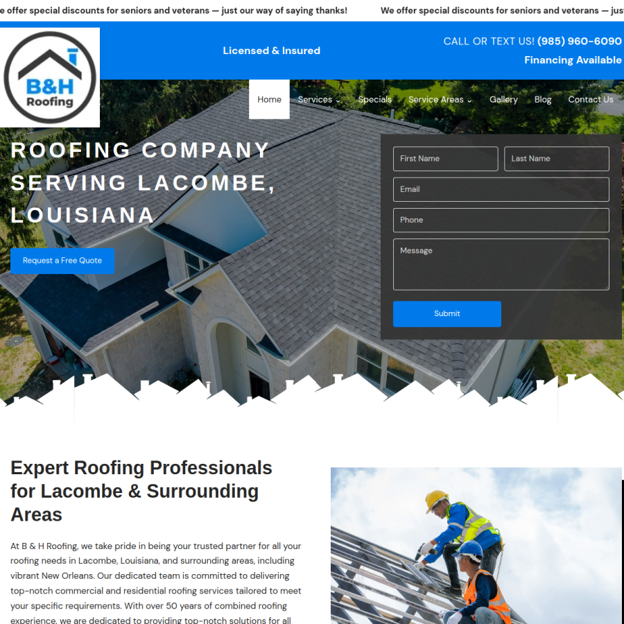 Screenshot of the B&H Roofing website