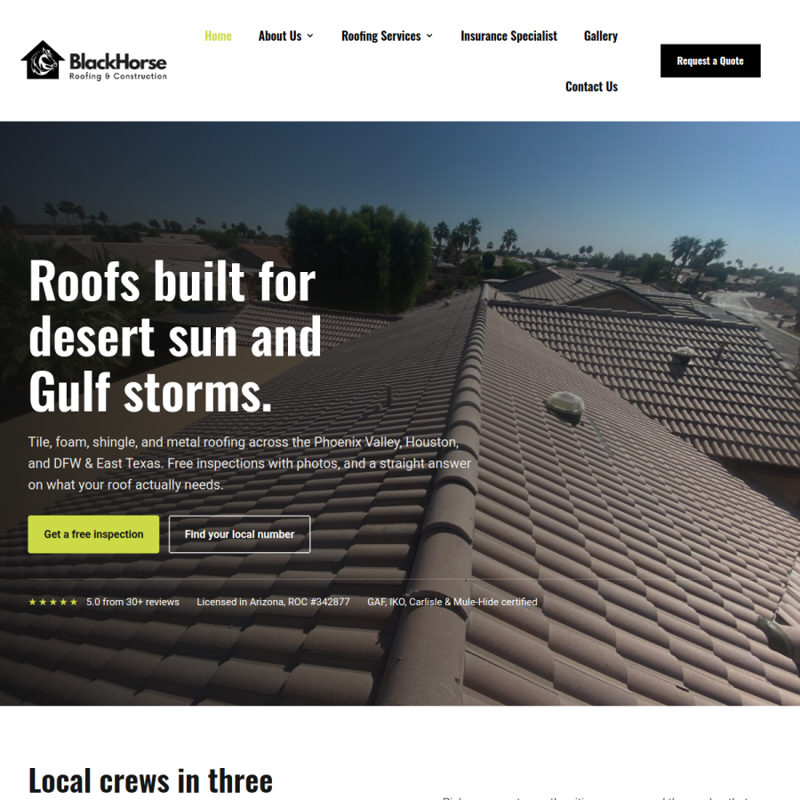 Screenshot of the BlackHorse Roofing & Construction LLC website