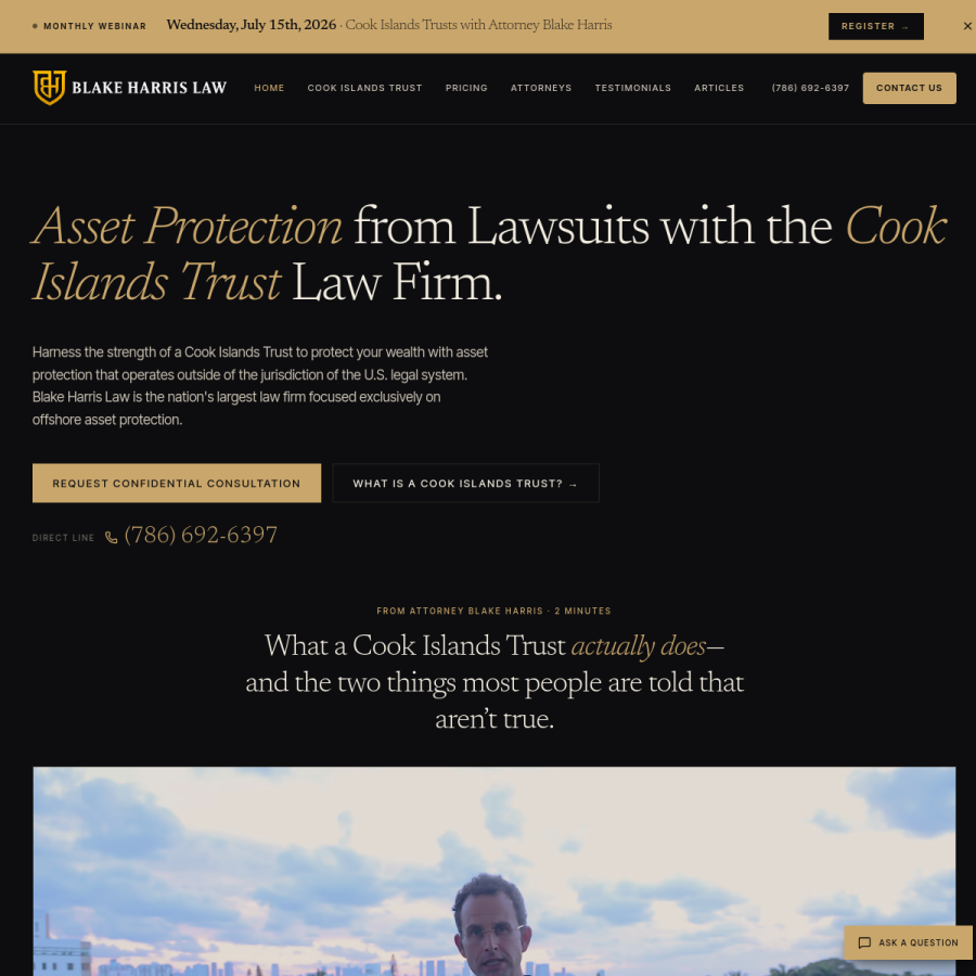 Blake Harris Law asset protection law firm website homepage built by Hunter Solutions Group
