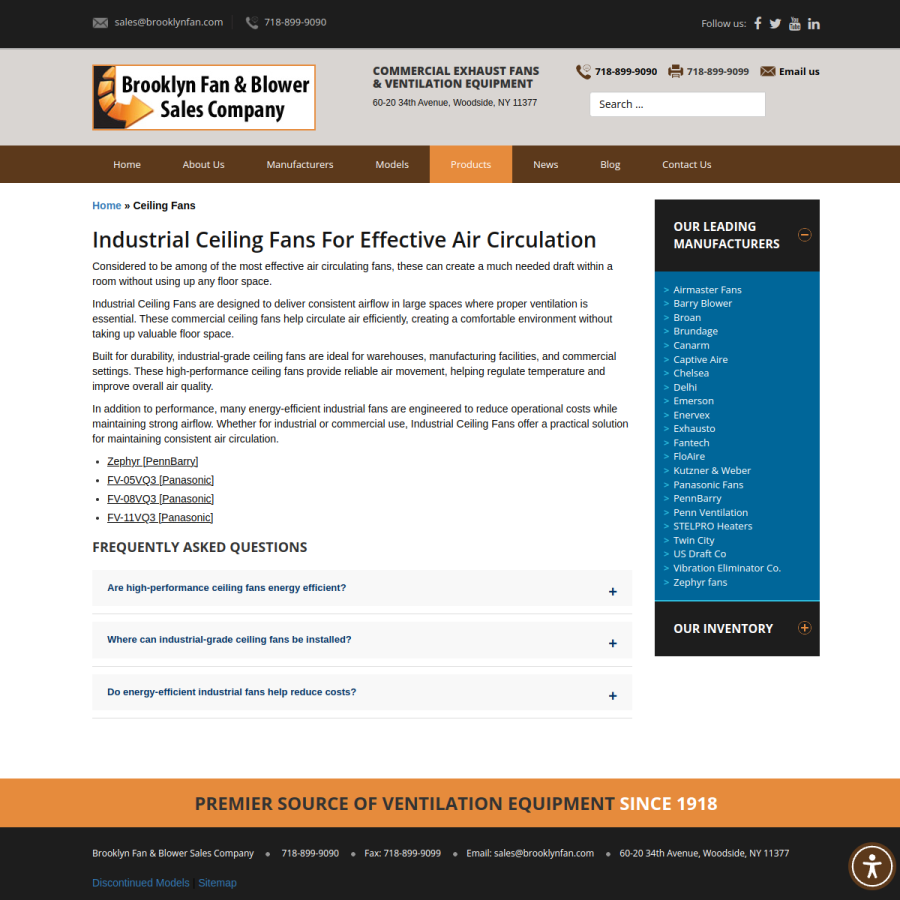 Screenshot of the Brooklyn Fan & Blower Sales Company, Inc. website