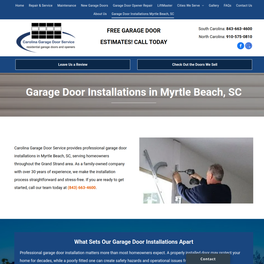 Screenshot of the Carolina Garage Door Service website