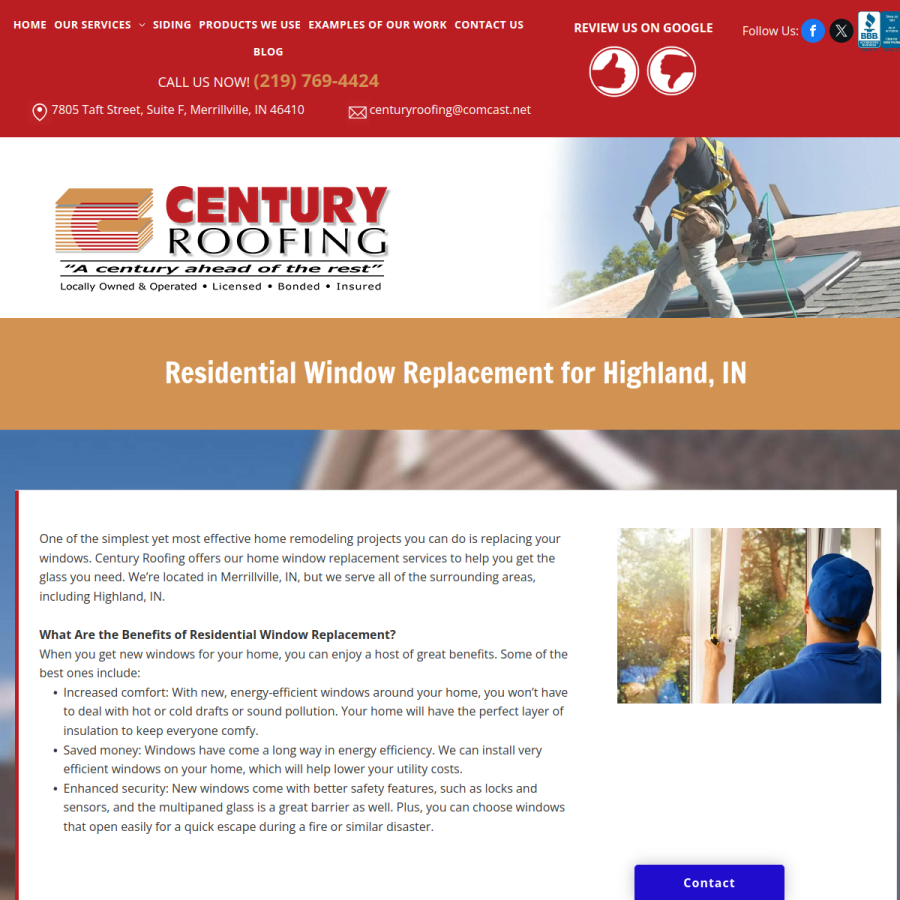 Screenshot of the Century Roofing Company Inc website