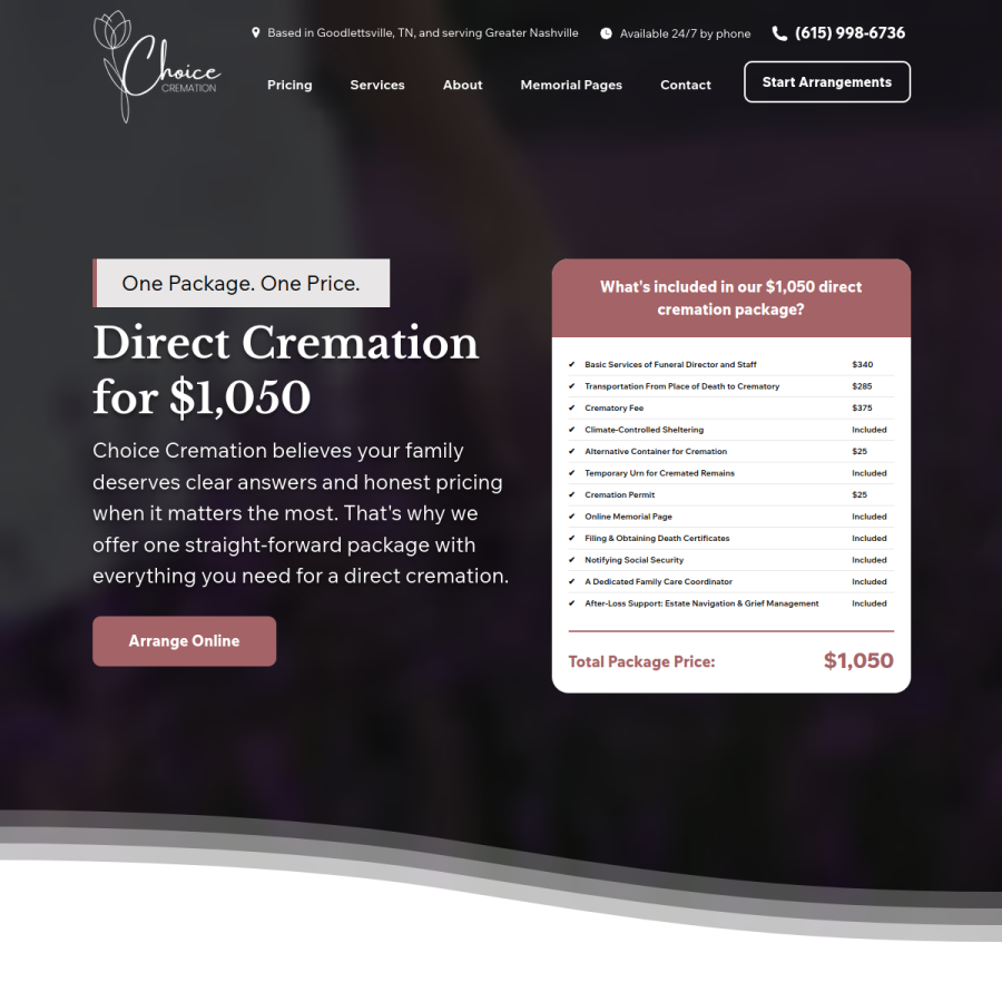 Screenshot of the Choice Cremation website