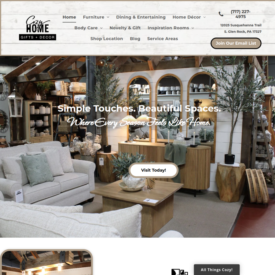 Screenshot of the Cozy Home Gifts + DÃ©cor website