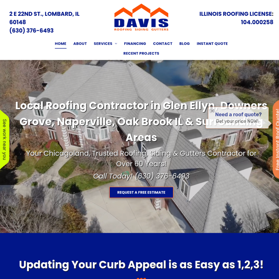 Screenshot of the Davis Roofing, Inc website