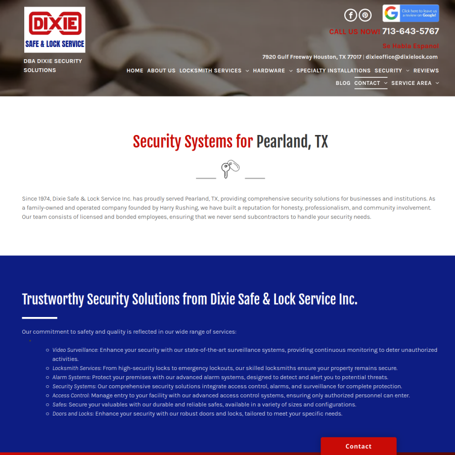 Screenshot of the Dixie Safe & Lock website