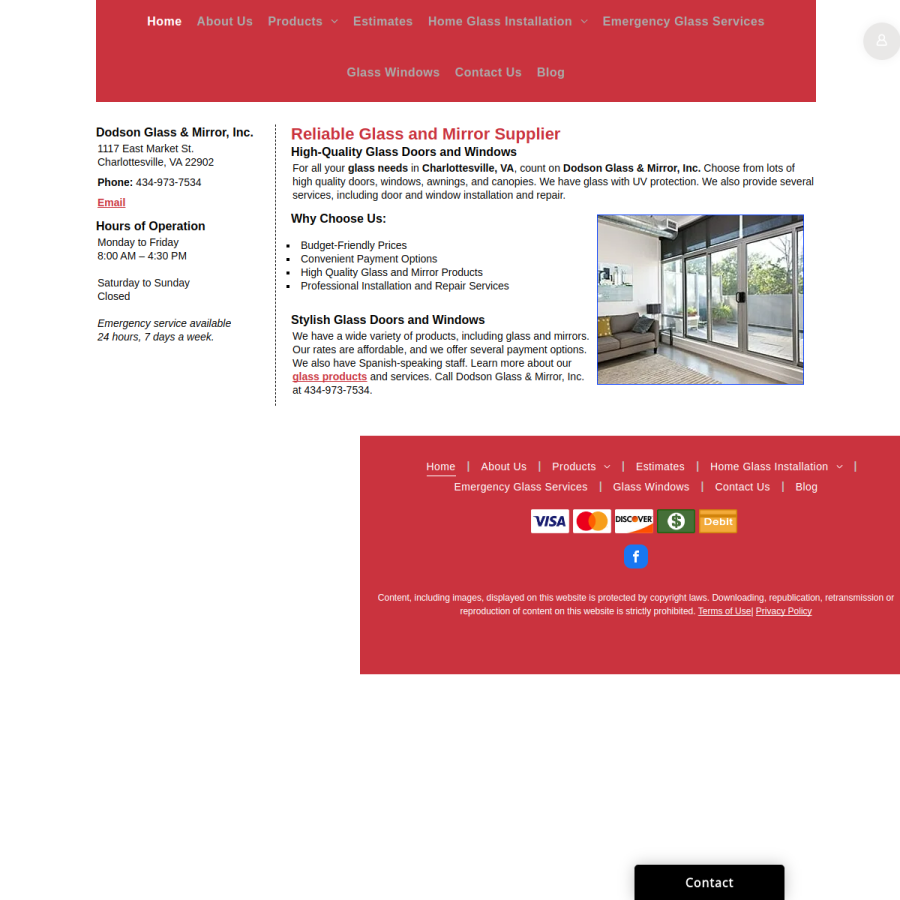 Screenshot of the Dodson Glass & Mirror, Inc. website