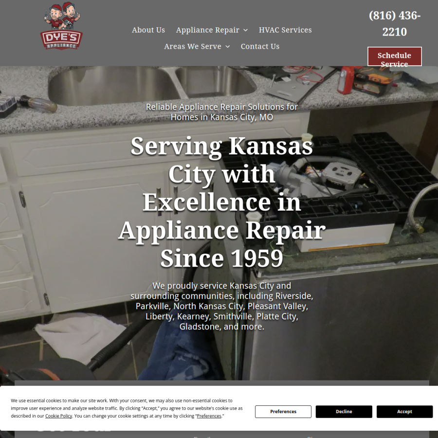 Screenshot of the Dye's Appliance website