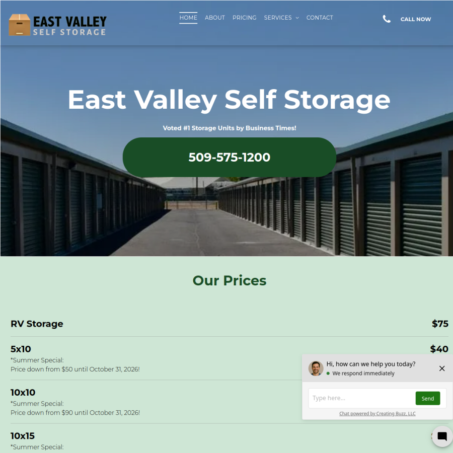 Screenshot of the East Valley Self Storage website