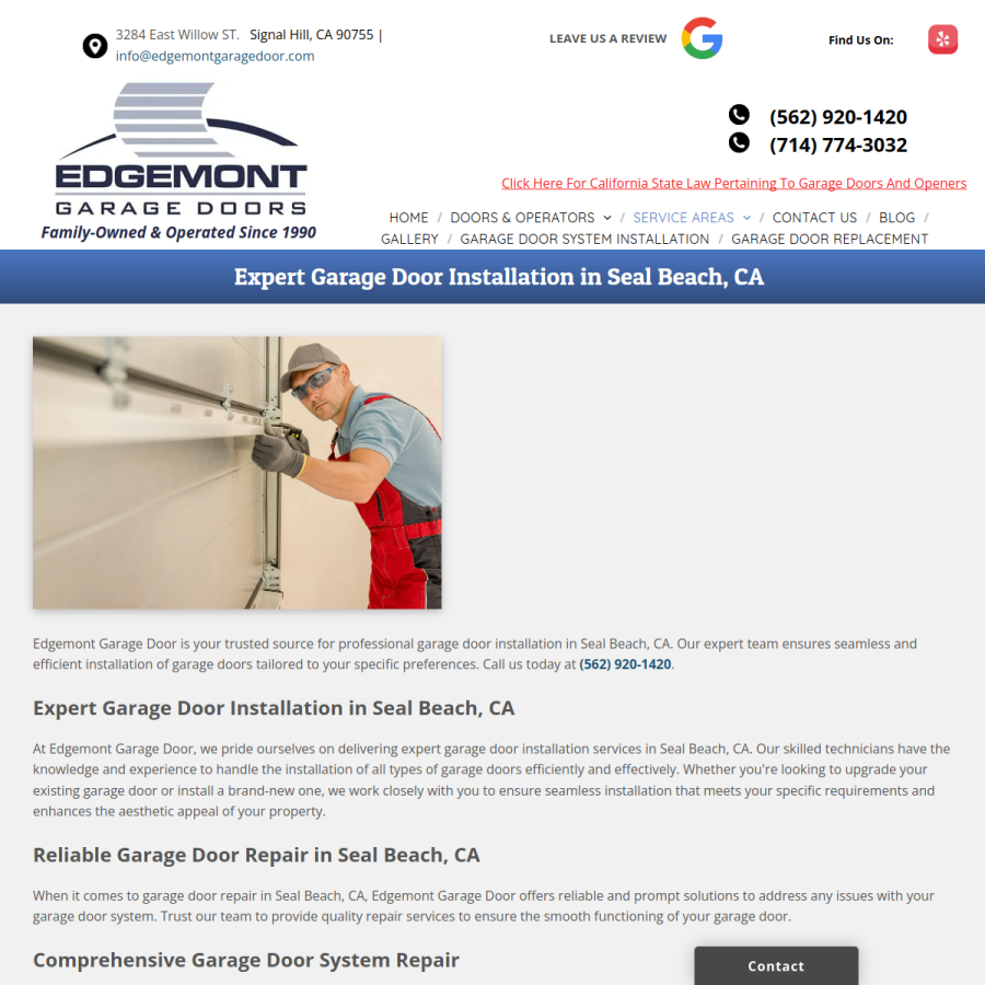 Screenshot of the Edgemont Garage Door Service website