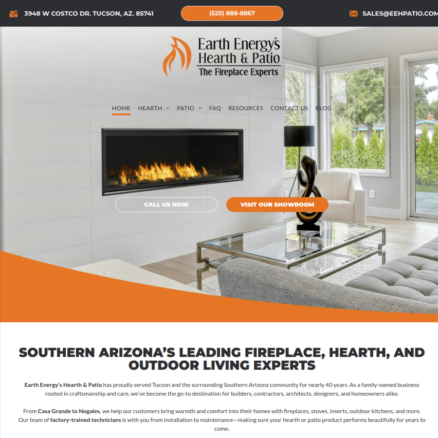 Screenshot of the Earth Energy's Hearth & Patio website