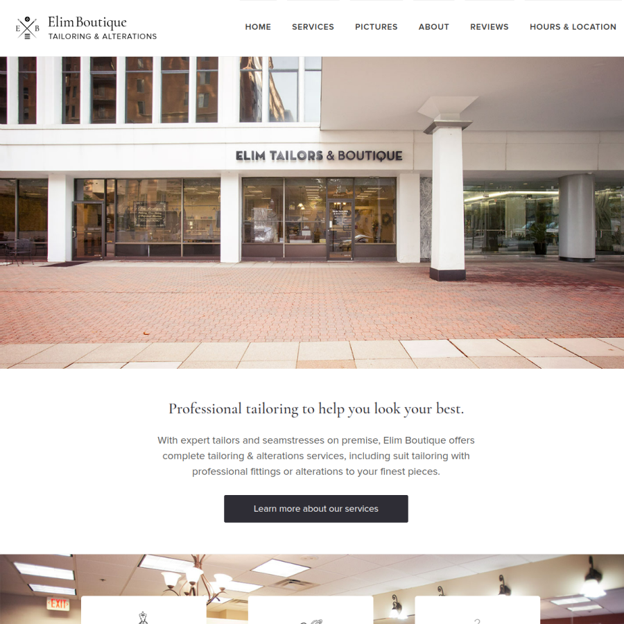 Screenshot of the Elim Boutique and Rosslyn Tailoring website