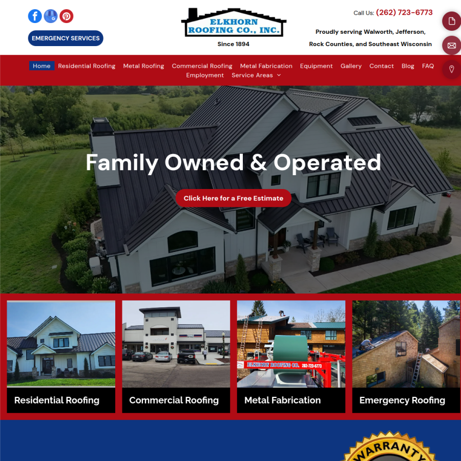 Screenshot of the Elkhorn Roofing Co. LLC website