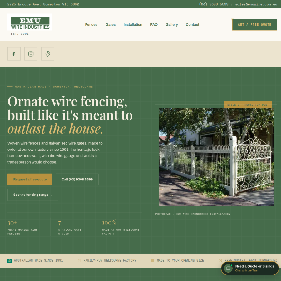 Screenshot of the Emu Wire Industries website
