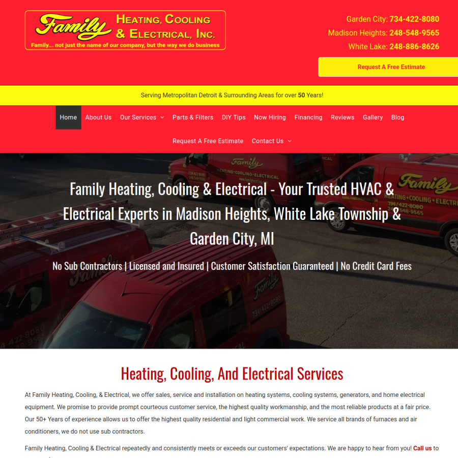 Screenshot of the Family Heating, Cooling & Electrical Inc. website