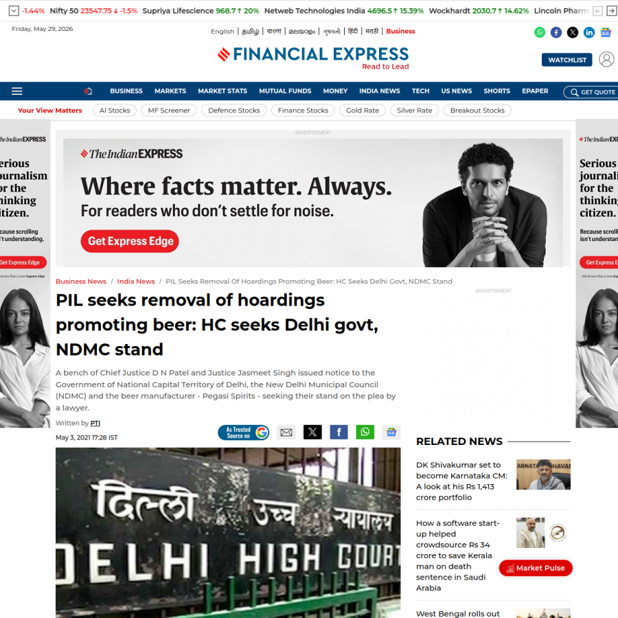 PIL seeks removal of hoardings promoting beer; HC seeks Delhi Govt, NDMC stand