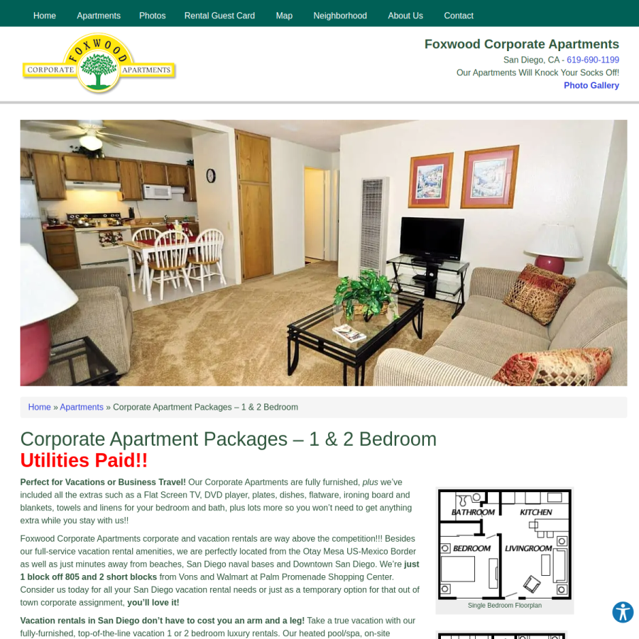 Screenshot of the Foxwood Corporate Apartments website