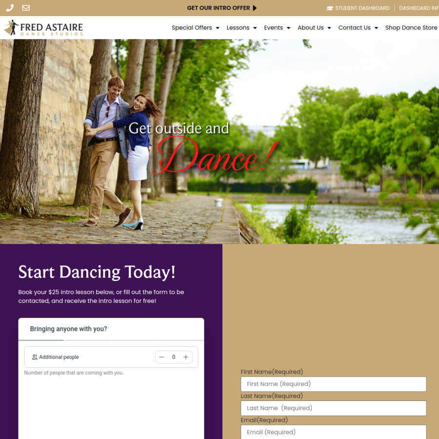 Screenshot of the Fred Astaire Dance Studios website