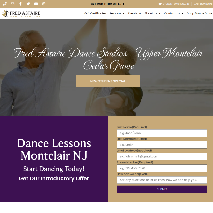Screenshot of the Fred Astaire Dance Studios website