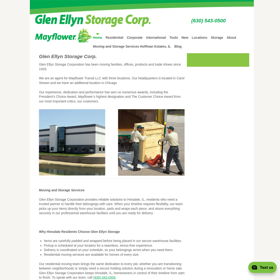 Screenshot of the Glen Ellyn Storage Corporation website