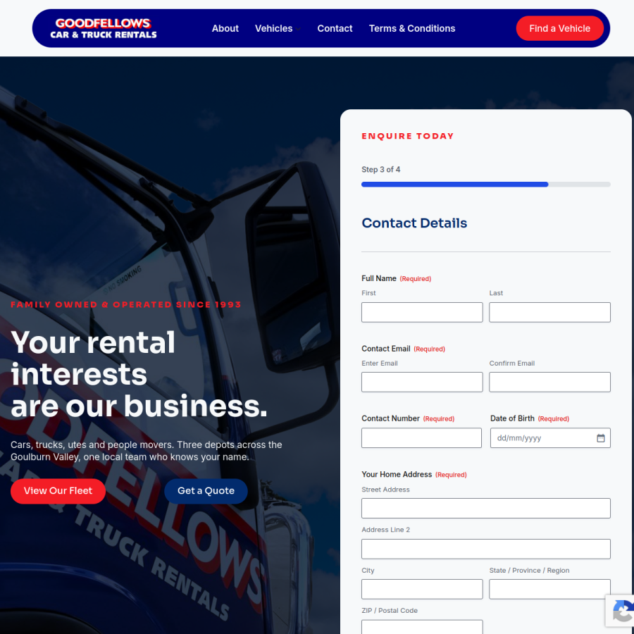 Screenshot of the Goodfellows Car and Truck Rentals website