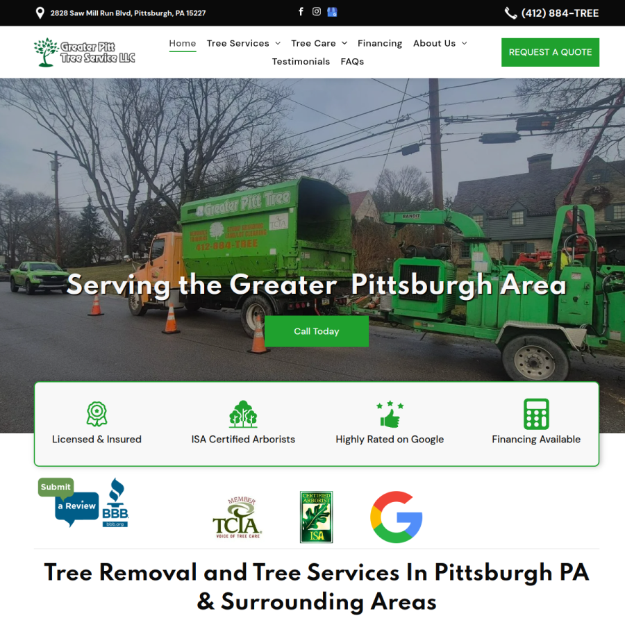 Screenshot of the Greater Pitt Tree Service LLC website