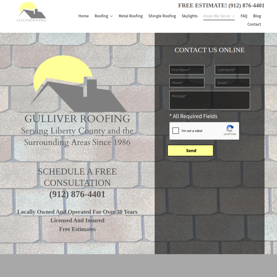 Screenshot of the Gulliver Roofing website