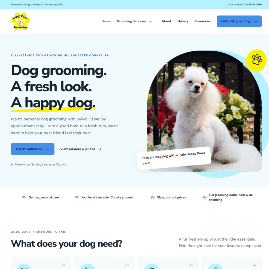 Screenshot of the Happy Paws Grooming website