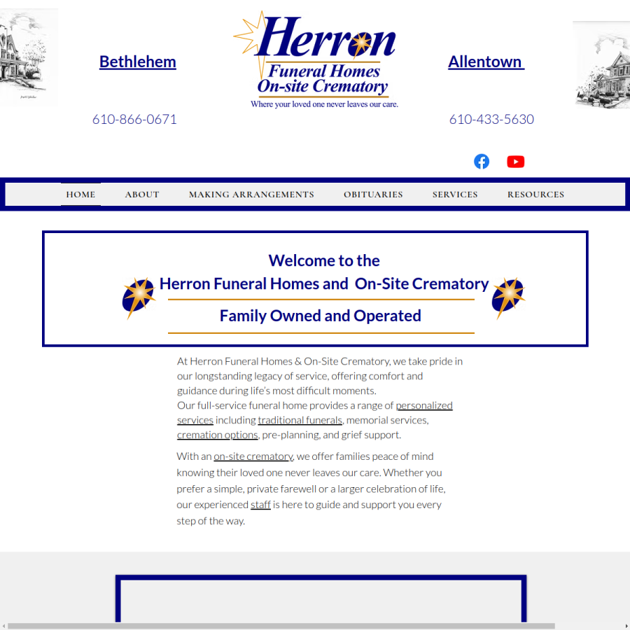 Screenshot of the Herron Funeral Homes & On-Site Crematory website