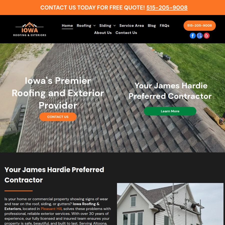 Screenshot of the Iowa Roofing & Exteriors website