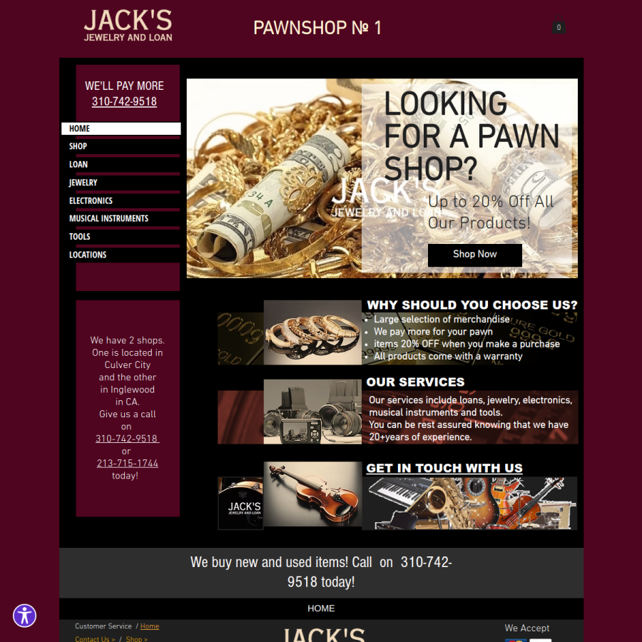 Screenshot of the Jack's Jewlery and Loan website