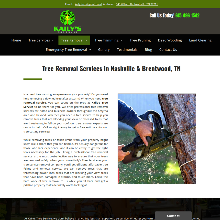 Screenshot of the Kailys Tree Services website