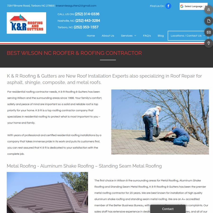 Screenshot of the K & R Roofing and Gutters website