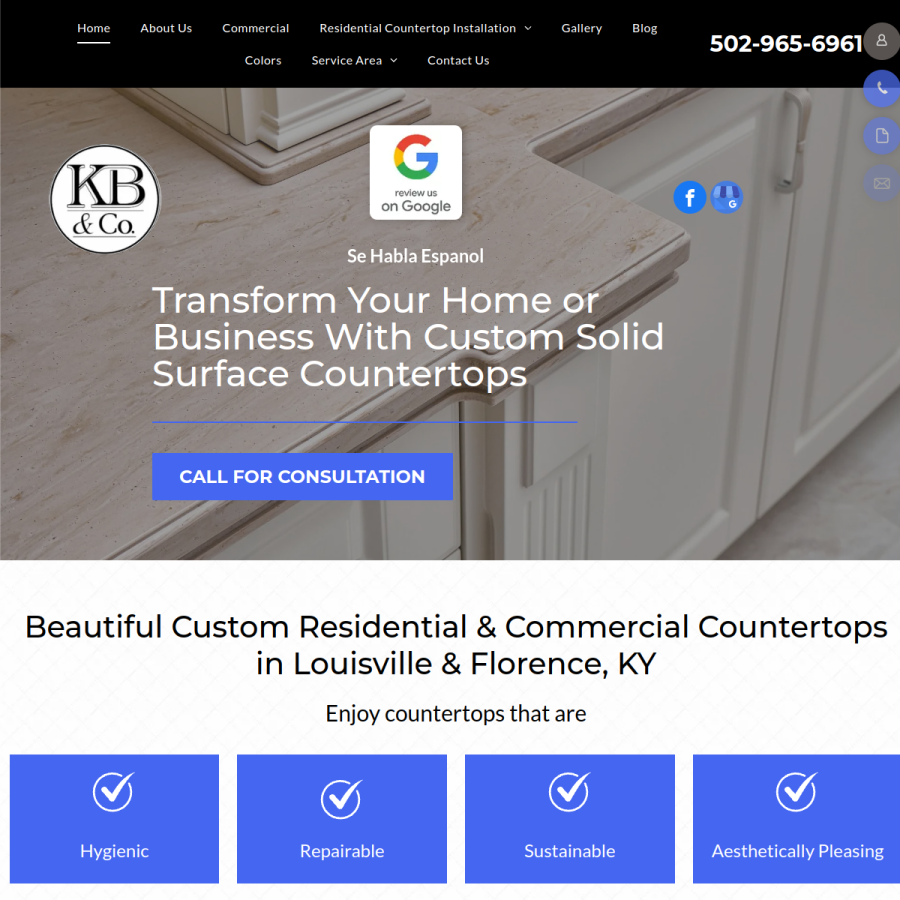 Screenshot of the KB & Company Solid Surface Custom Counter Tops website