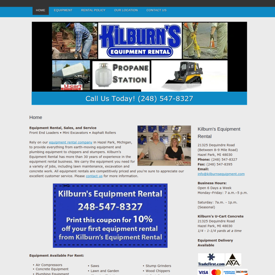 Screenshot of the Kilburn's Equipment Rental website