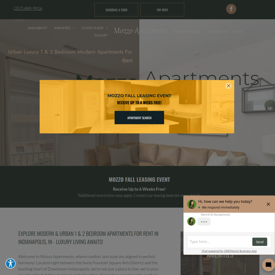 Screenshot of the Mozzo Apartments website