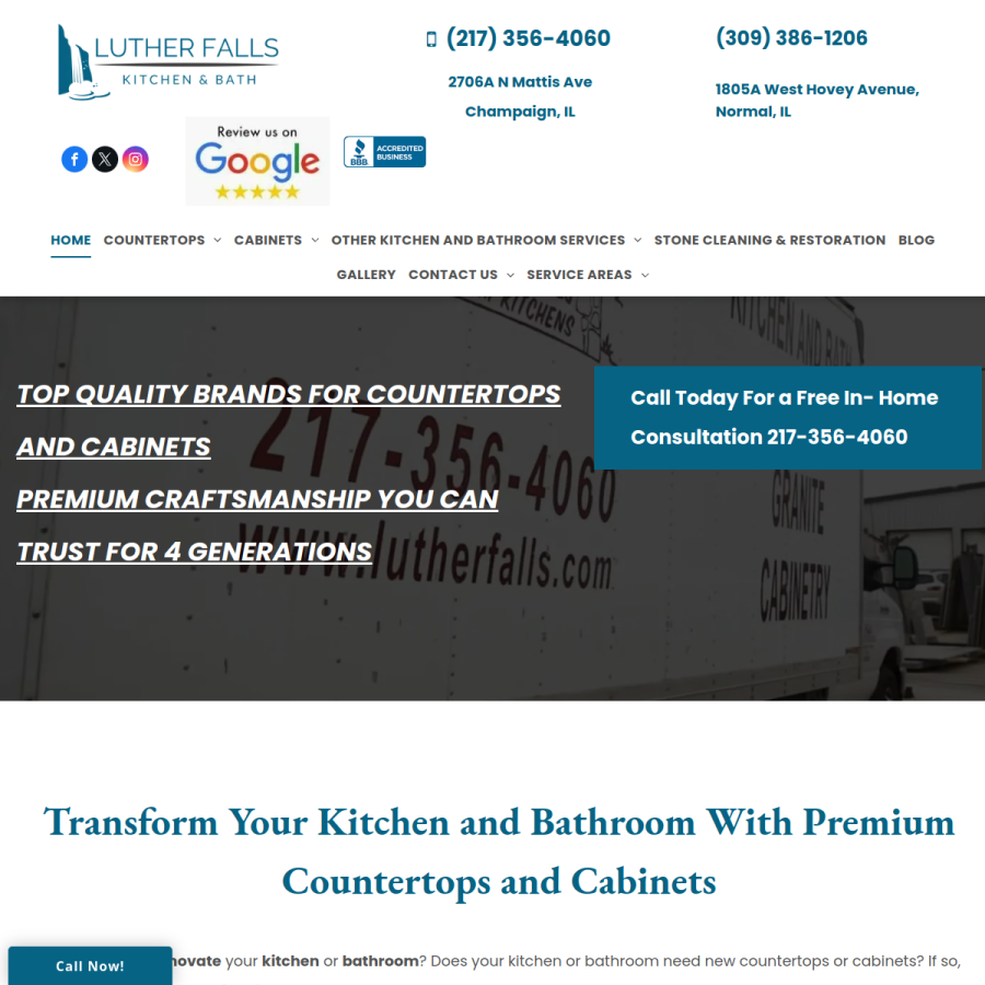 Screenshot of the Luther Falls Custom Kitchens website